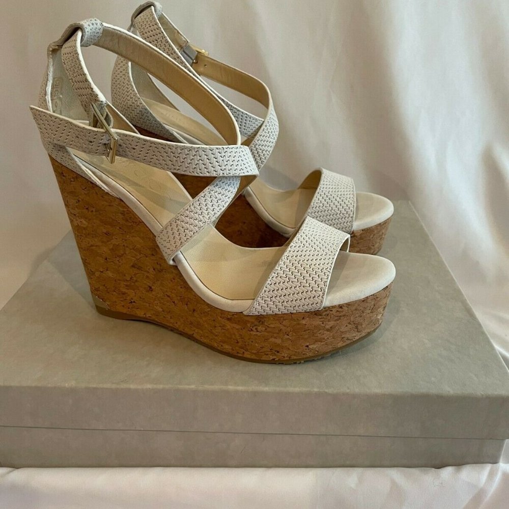 Jimmy Choo Portia Platform Wedge Heels Sandals Leather NEW Size 37 (US 7) White